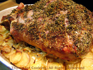 Roast Leg (or Shoulder) of Lamb on a Bed of Potatoes