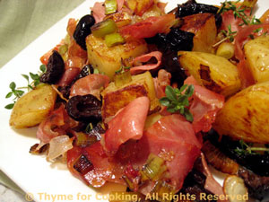 Potatoes with Prosciutto, Olives, Green Garlic and Thyme