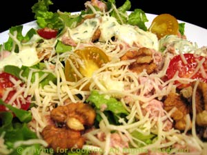 Salad with Creamy Dressing, Tuna, Walnuts and Cheese