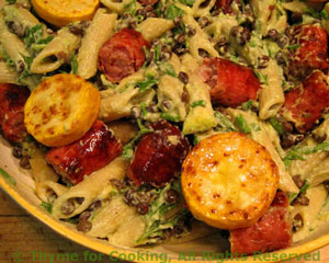 Lentil and Sausage Pasta with Avocado Sauce