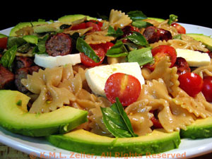 Pasta with Tomato, Avocado, Mozzarella and Sausages