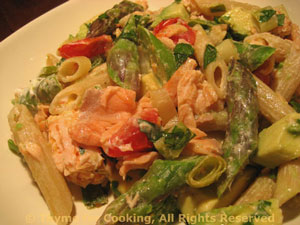 Salmon, Smoked Salmon, Avocado and Asparagus Pasta