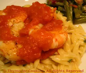 Grilled Shrimp (Prawns) with Pimiento Sauce On Herbed Orzo